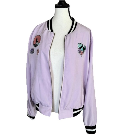 Disney Hot Topic The Little Mermaid Patched Satin Jacket Light Purple Size 2X - Picture 2 of 8